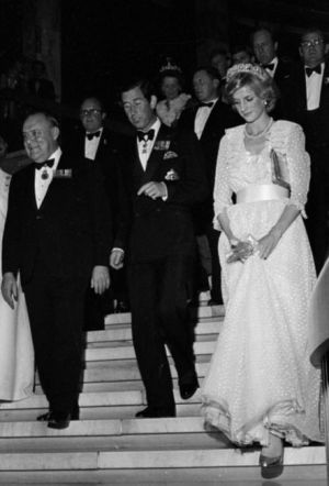 Princess Diana Prince Charles and Robert Muldoon on the stairs at the Beehive Wellington April Alexander Turnbull Library crop