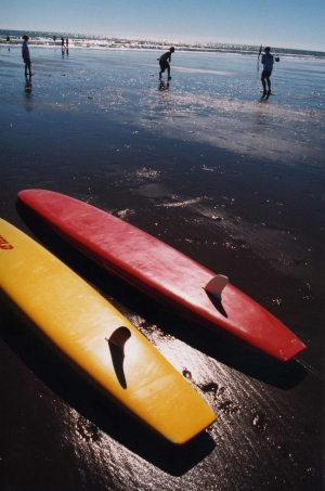 Two surf skis used by the Levin Waitarere Life Guard on the sand at Waitarere Beach on th March